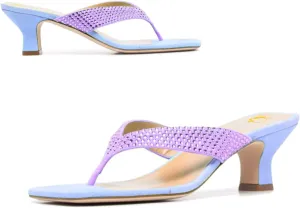 SHODENSE Women Rhinestone Flip Flops Mules Sandals Suede Chunky Kitten Heel Square Toe Thong Sandals Slip On T-Strap Glitter Sandal Shoes 2" Heels Slide Slipper Summer Beach Dressy Comfort 4-11 M US