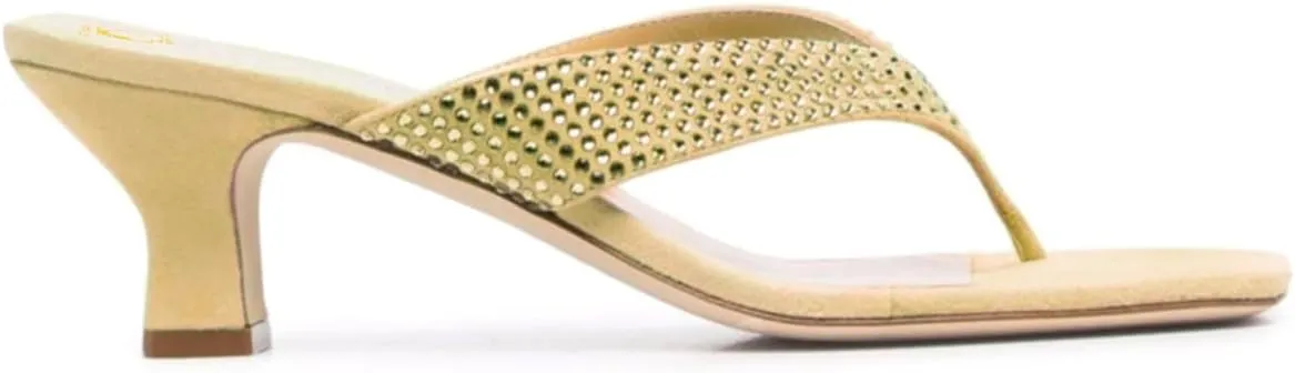 SHODENSE Women Rhinestone Flip Flops Mules Sandals Suede Chunky Kitten Heel Square Toe Thong Sandals Slip On T-Strap Glitter Sandal Shoes 2" Heels Slide Slipper Summer Beach Dressy Comfort 4-11 M US