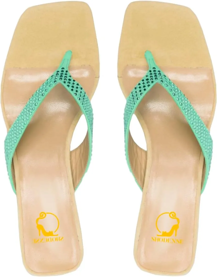 SHODENSE Women Rhinestone Flip Flops Mules Sandals Suede Chunky Kitten Heel Square Toe Thong Sandals Slip On T-Strap Glitter Sandal Shoes 2" Heels Slide Slipper Summer Beach Dressy Comfort 4-11 M US