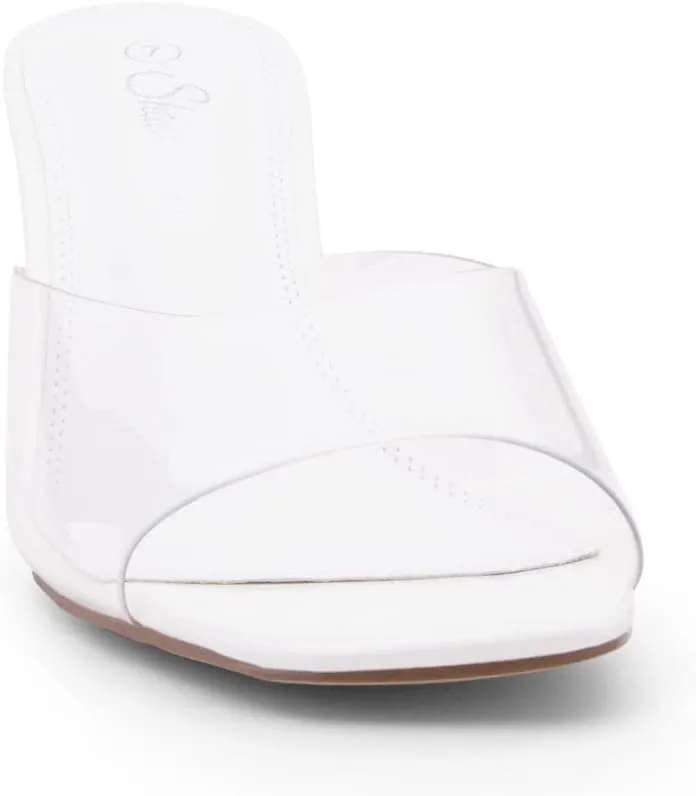 Shoe Land Celebrate Women's Clear Low Heels Stiletto Slides, Square Open Toe One Band Slip-On Heeled Mules, Clear Heeled Dress Sandals for Prom Wedding and Party