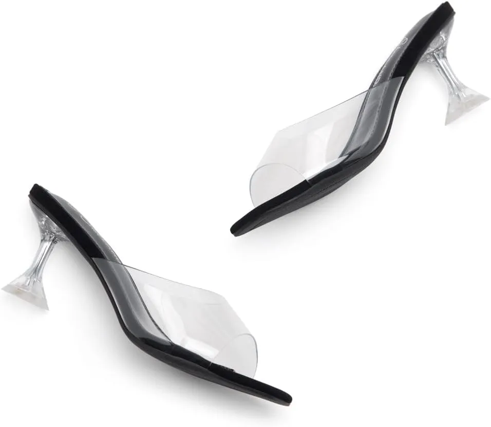 Shoe Land Celebrate Women's Clear Low Heels Stiletto Slides, Square Open Toe One Band Slip-On Heeled Mules, Clear Heeled Dress Sandals for Prom Wedding and Party