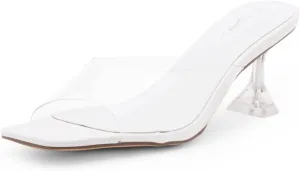 Shoe Land Celebrate Women's Clear Low Heels Stiletto Slides, Square Open Toe One Band Slip-On Heeled Mules, Clear Heeled Dress Sandals for Prom Wedding and Party