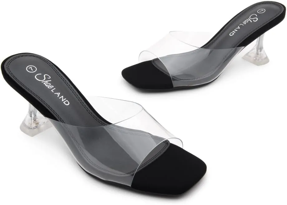 Shoe Land Celebrate Women's Clear Low Heels Stiletto Slides, Square Open Toe One Band Slip-On Heeled Mules, Clear Heeled Dress Sandals for Prom Wedding and Party