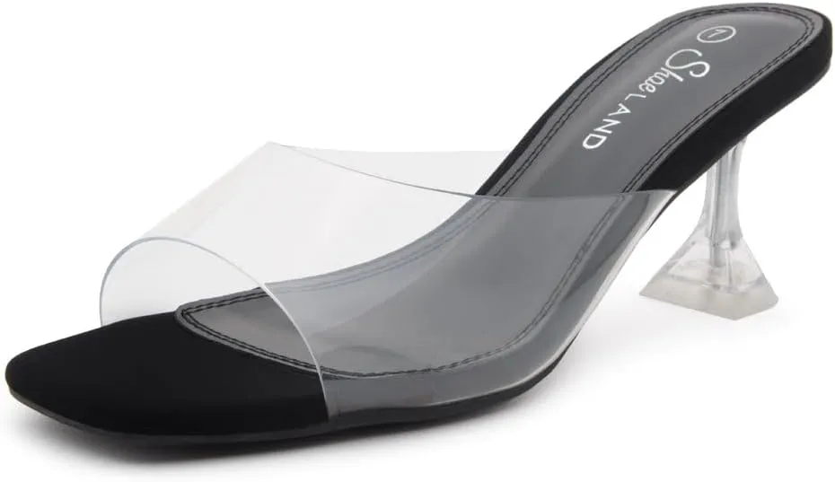 Shoe Land Celebrate Women's Clear Low Heels Stiletto Slides, Square Open Toe One Band Slip-On Heeled Mules, Clear Heeled Dress Sandals for Prom Wedding and Party