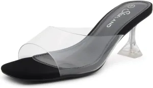 Shoe Land Celebrate Women's Clear Low Heels Stiletto Slides, Square Open Toe One Band Slip-On Heeled Mules, Clear Heeled Dress Sandals for Prom Wedding and Party