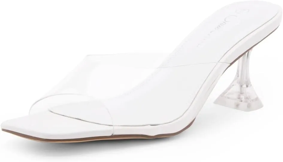 Shoe Land Celebrate Women's Clear Low Heels Stiletto Slides, Square Open Toe One Band Slip-On Heeled Mules, Clear Heeled Dress Sandals for Prom Wedding and Party