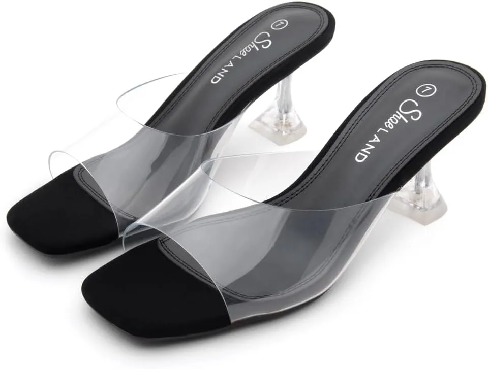 Shoe Land Celebrate Women's Clear Low Heels Stiletto Slides, Square Open Toe One Band Slip-On Heeled Mules, Clear Heeled Dress Sandals for Prom Wedding and Party
