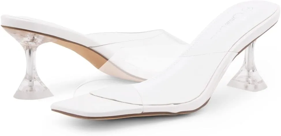 Shoe Land Celebrate Women's Clear Low Heels Stiletto Slides, Square Open Toe One Band Slip-On Heeled Mules, Clear Heeled Dress Sandals for Prom Wedding and Party