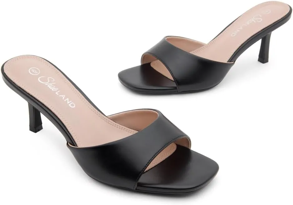 Shoe Land Deverena Women's Low Heels Stiletto Heeled Slides, Open Toe One Band Slip-On Heeled Mules – Dressy Heeled Sandals for Prom, Party, Wedding, and Vacation