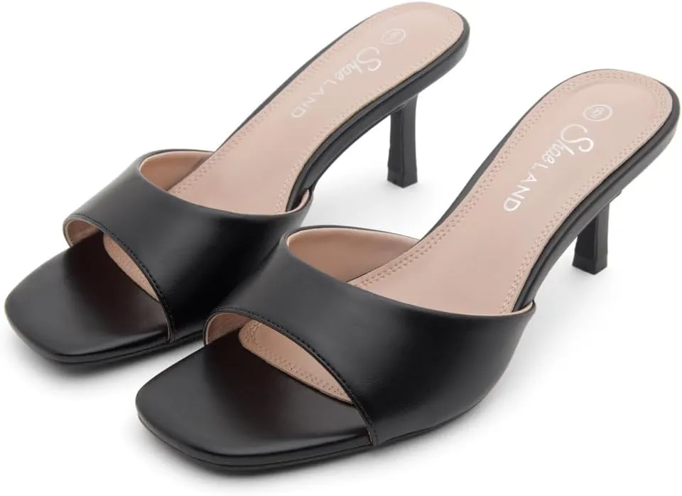 Shoe Land Deverena Women's Low Heels Stiletto Heeled Slides, Open Toe One Band Slip-On Heeled Mules – Dressy Heeled Sandals for Prom, Party, Wedding, and Vacation