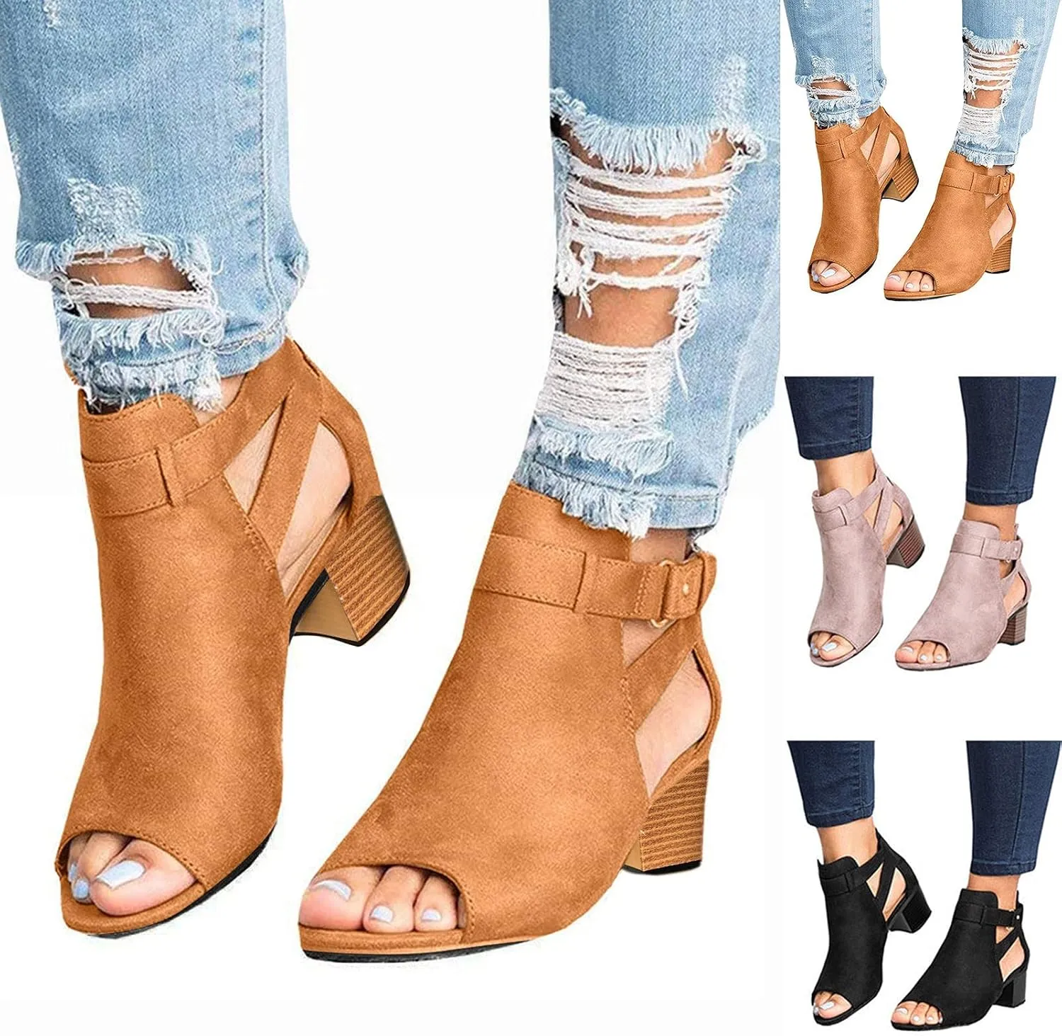 Shoes for Women Dressy, Womens Sandals Suede Peep Toe Ankle Booties Cut Out Stacked Block Heel Ankle Boots