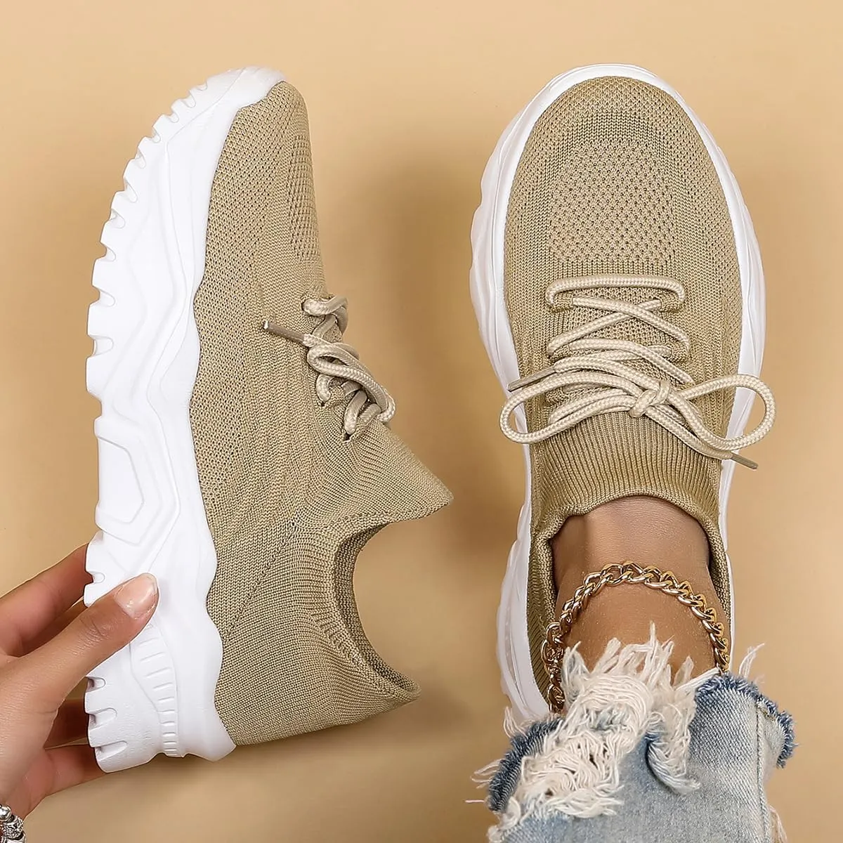 Shoes Women, Women's Fashionable Lace-up Low Top Slip on Sneakers, Casual Comfortable Ankle Socks Shoes