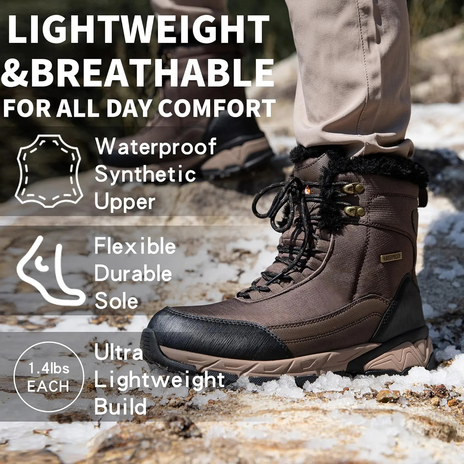 SHULOOK Men's Snow Boots Waterproof Warm Fur Lined Winter Hiking Boot Non-slip Outdoor Ankle High-top Shoes Work Hiker Trekking Trail
