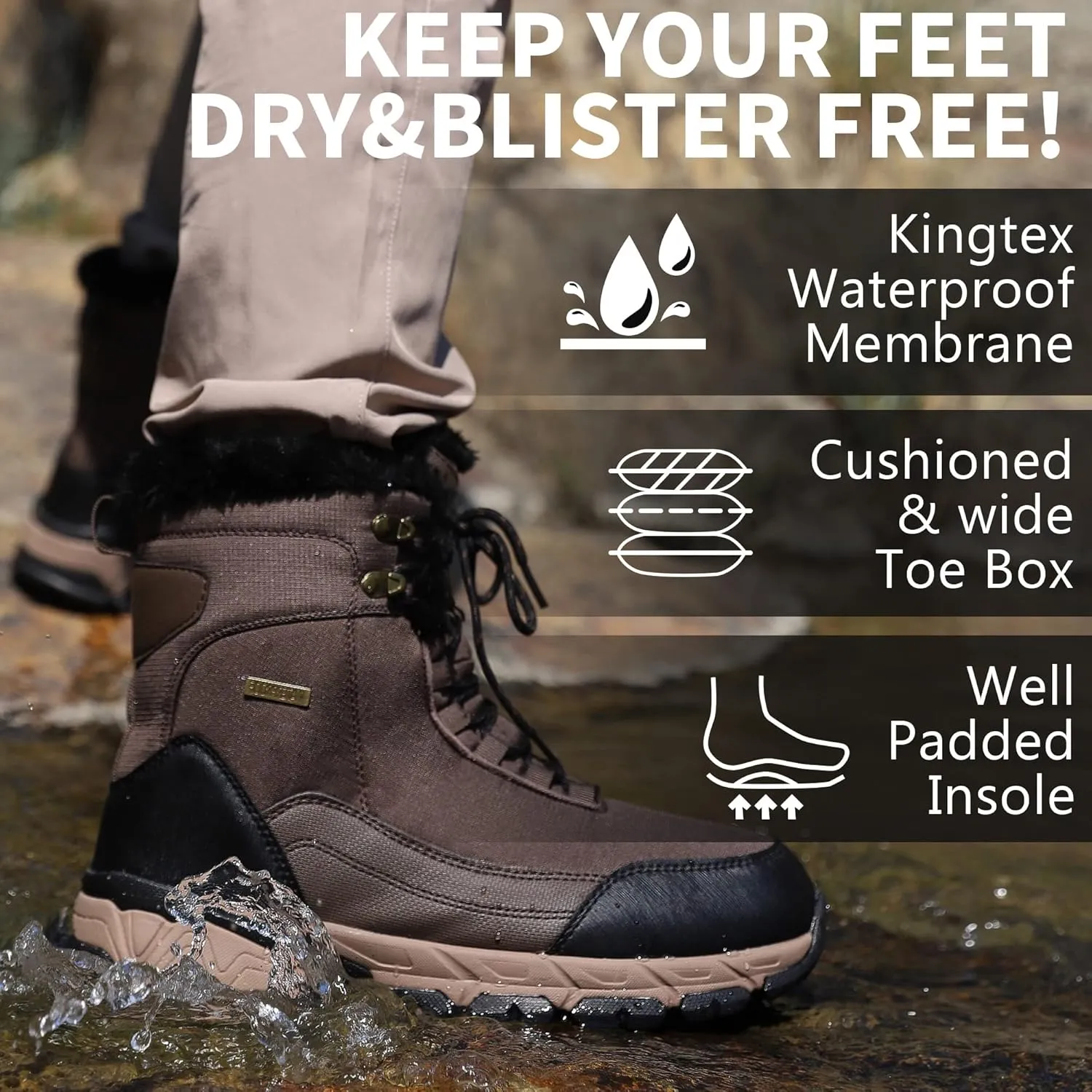 SHULOOK Men's Snow Boots Waterproof Warm Fur Lined Winter Hiking Boot Non-slip Outdoor Ankle High-top Shoes Work Hiker Trekking Trail