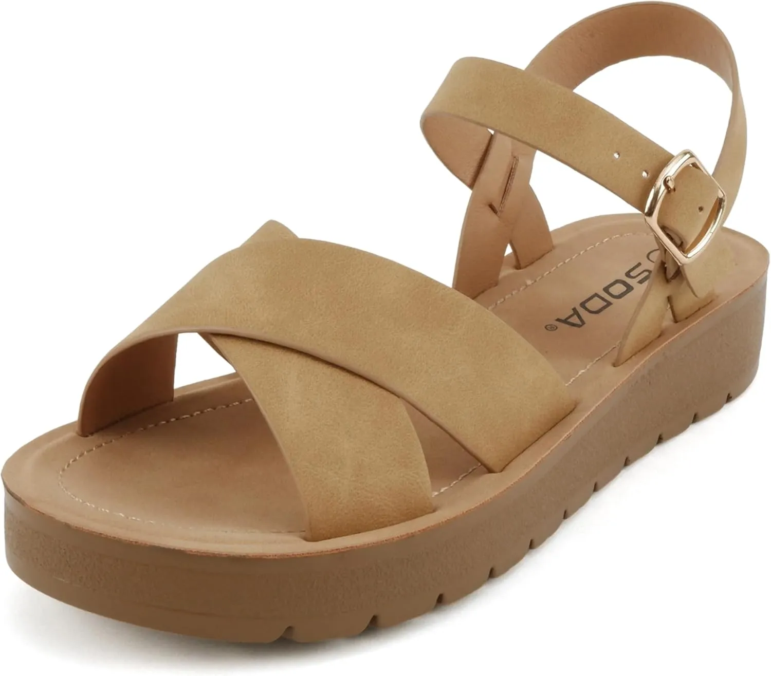 Soda CHESTER ~ Women Flat Sandals Flatform Ankle Buckle Criss Cross Band Straps Sandals Shoes
