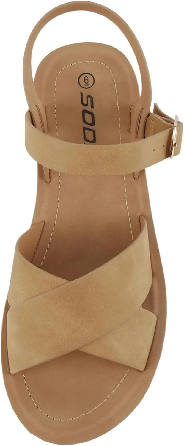 Soda CHESTER ~ Women Flat Sandals Flatform Ankle Buckle Criss Cross Band Straps Sandals Shoes
