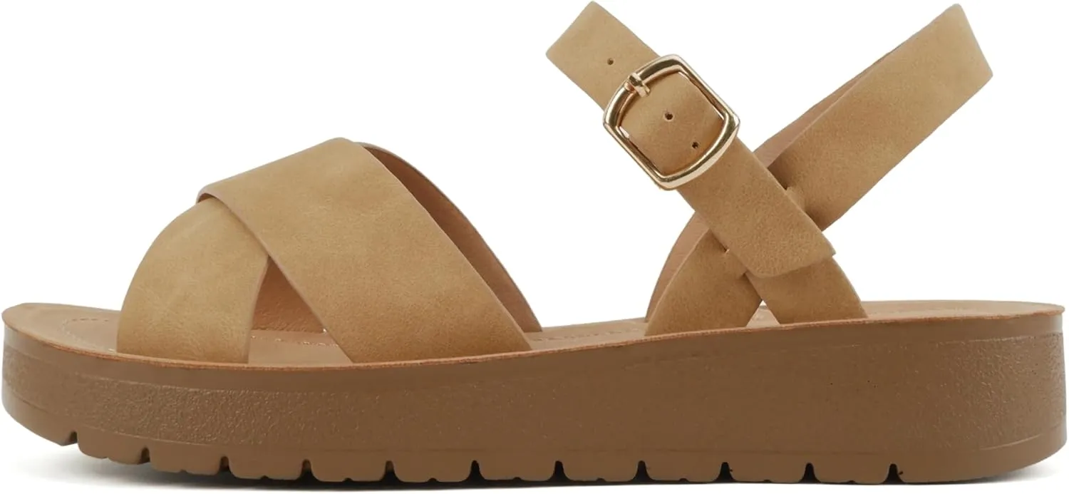 Soda CHESTER ~ Women Flat Sandals Flatform Ankle Buckle Criss Cross Band Straps Sandals Shoes