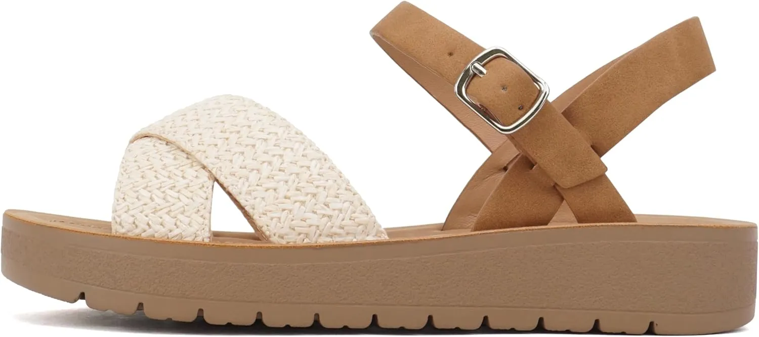 Soda CHESTER ~ Women Flat Sandals Flatform Ankle Buckle Criss Cross Band Straps Sandals Shoes