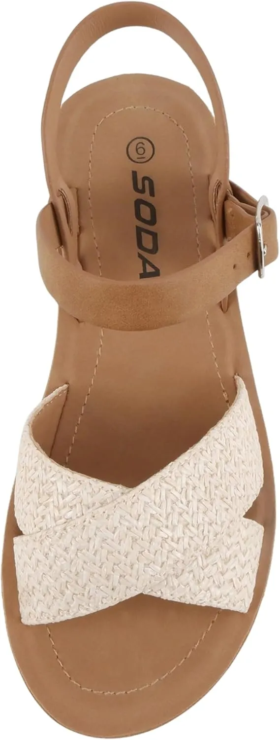 Soda CHESTER ~ Women Flat Sandals Flatform Ankle Buckle Criss Cross Band Straps Sandals Shoes