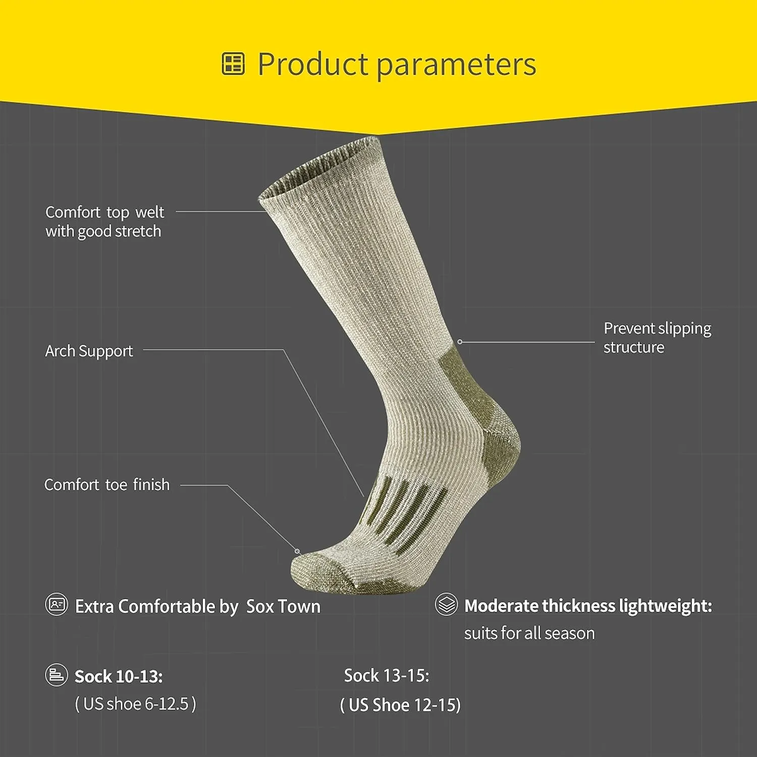SOX TOWN Men's Merino Wool Cushion Crew Socks Moisture Wicking Control for Outdoor Hiking Work Boot Thermal Warm All Seasons
