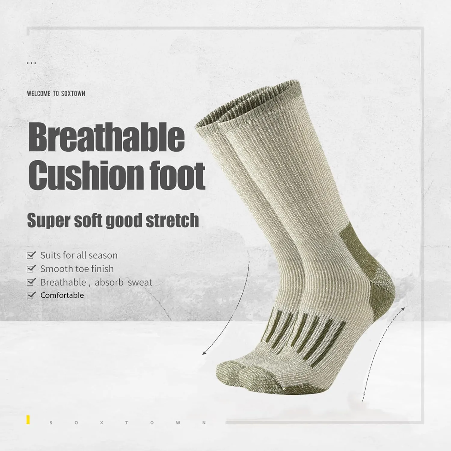 SOX TOWN Men's Merino Wool Cushion Crew Socks Moisture Wicking Control for Outdoor Hiking Work Boot Thermal Warm All Seasons