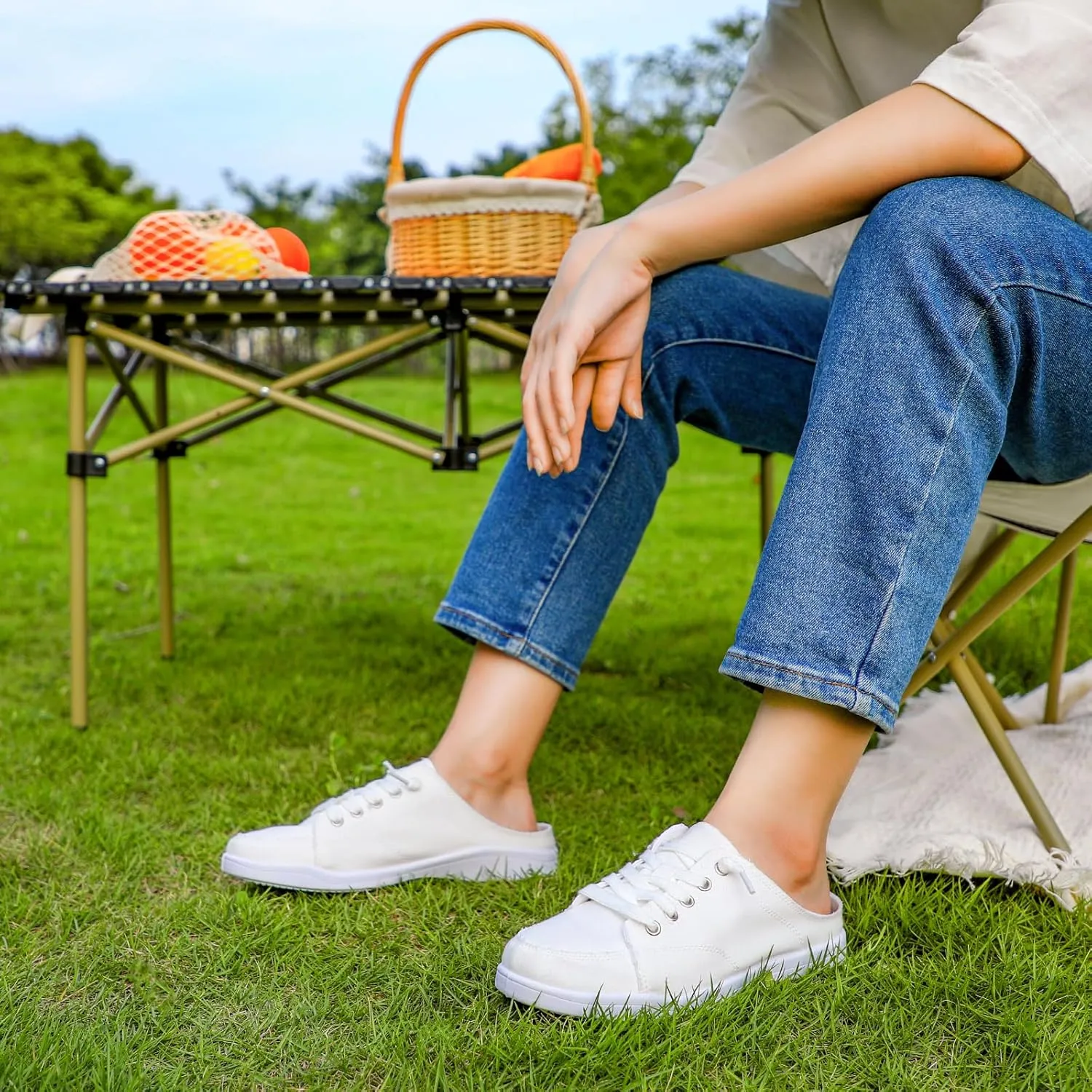 STQ White Slip On Sneakers for Women Memory Foam Backless Canvas Shoes Cute Casual Mules, Vanilla White Size 9