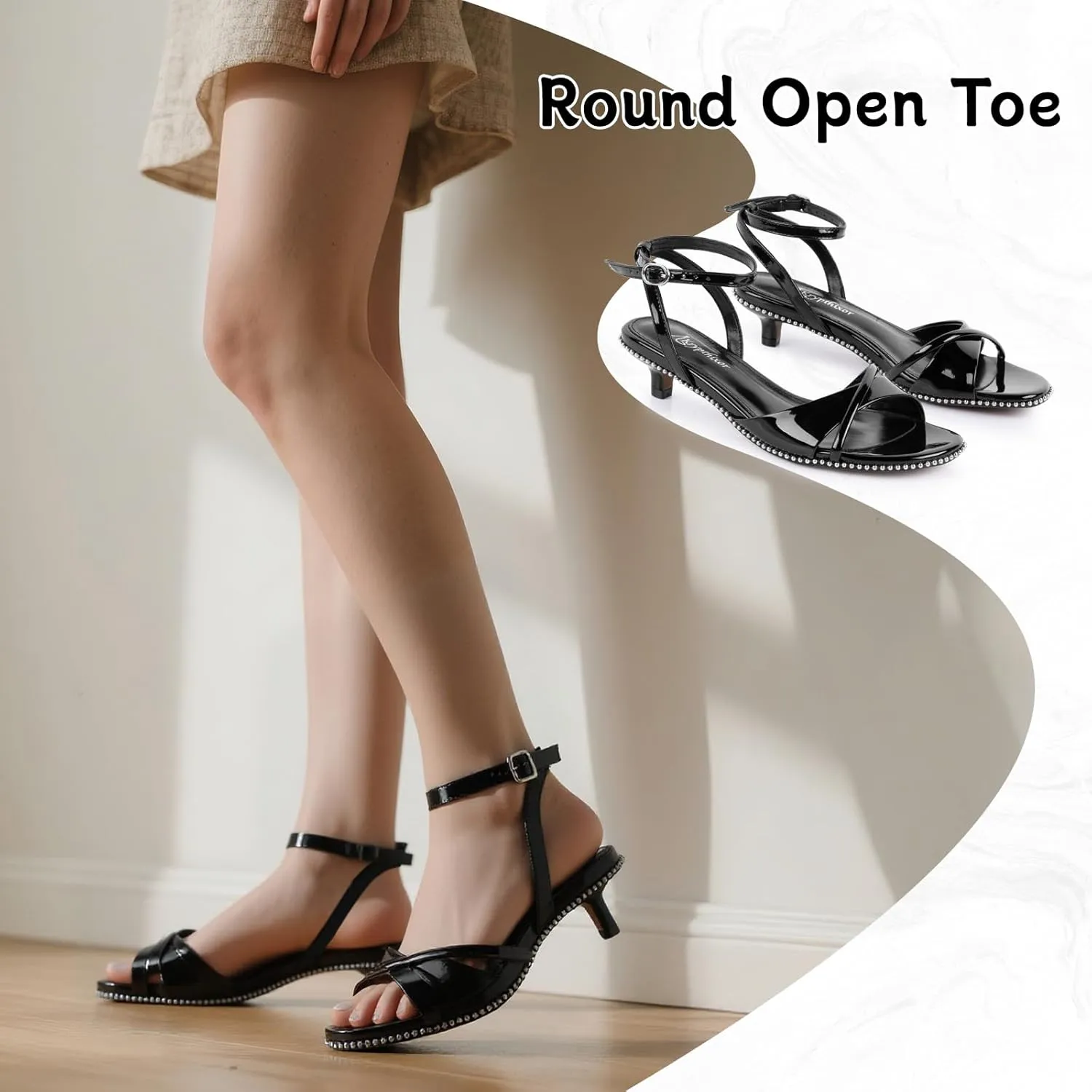 Strappy Heeled Sandals For Women Trendy Kitten Heels Beaded Sandal With Ankle Strap Round Open Toe Comfortable Low Heel Summer Shoes For Work Wedding Dressy