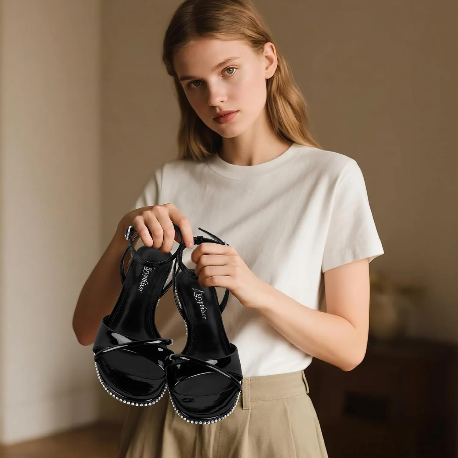 Strappy Heeled Sandals For Women Trendy Kitten Heels Beaded Sandal With Ankle Strap Round Open Toe Comfortable Low Heel Summer Shoes For Work Wedding Dressy