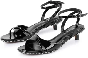 Strappy Heeled Sandals For Women Trendy Kitten Heels Beaded Sandal With Ankle Strap Round Open Toe Comfortable Low Heel Summer Shoes For Work Wedding Dressy