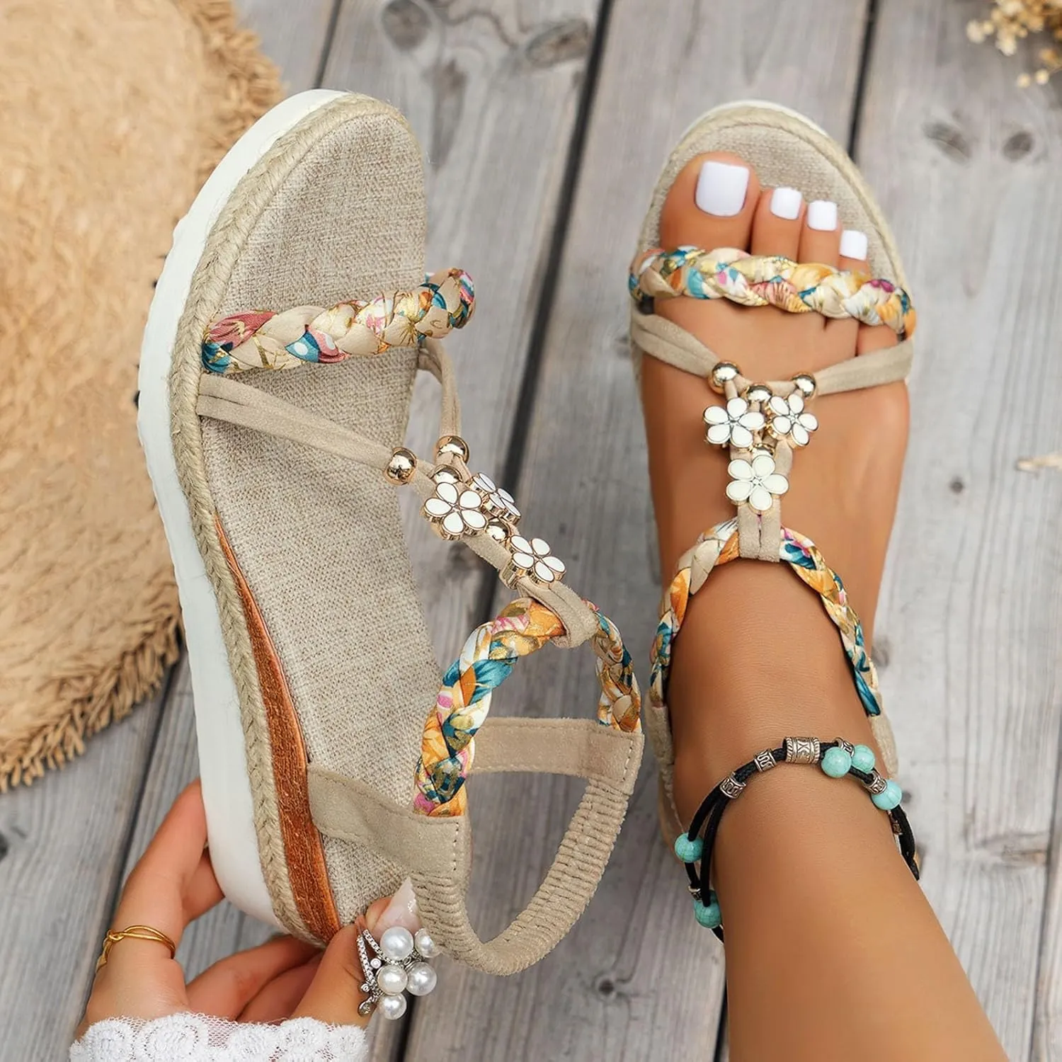 Summer Sandals for Women Fashion Casual Bohemian Beach Sandals Comfortable Open Toe Orthopedic Shoes with Arch Support Dressy Elastic Ankle Strap Beach Walking Shoes