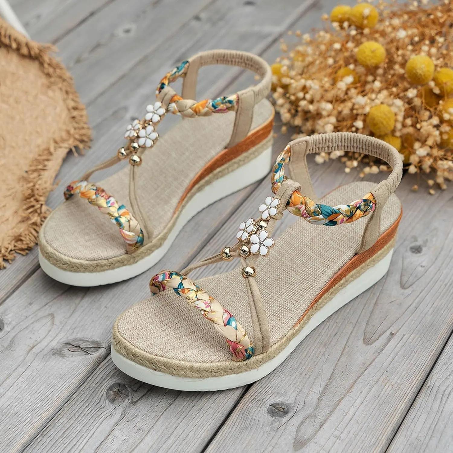 Summer Sandals for Women Fashion Casual Bohemian Beach Sandals Comfortable Open Toe Orthopedic Shoes with Arch Support Dressy Elastic Ankle Strap Beach Walking Shoes