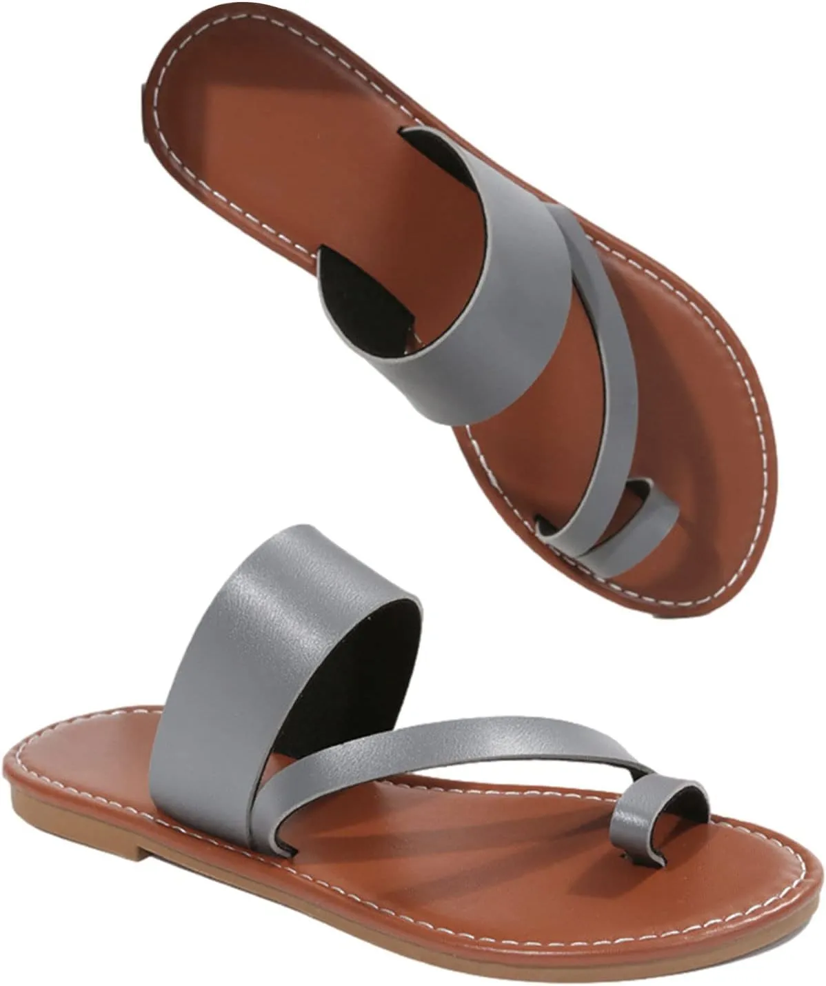 Summer Womens Casual Flat Sandals Vintage Straps Toe Ring Clip Toe Slip on Slides Lightweight Outdoor Slippers Comfortable Ladies Beach Shoes