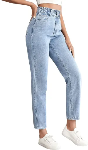SweatyRocks Women's Casual High Elastic Waist Tapered Mom Jeans Cropped Denim Pants