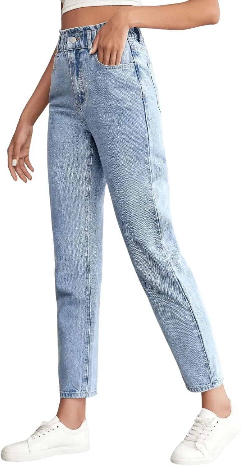 SweatyRocks Women's Casual High Elastic Waist Tapered Mom Jeans Cropped Denim Pants