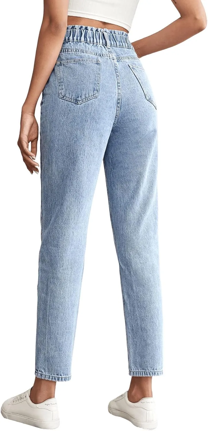 SweatyRocks Women's Casual High Elastic Waist Tapered Mom Jeans Cropped Denim Pants