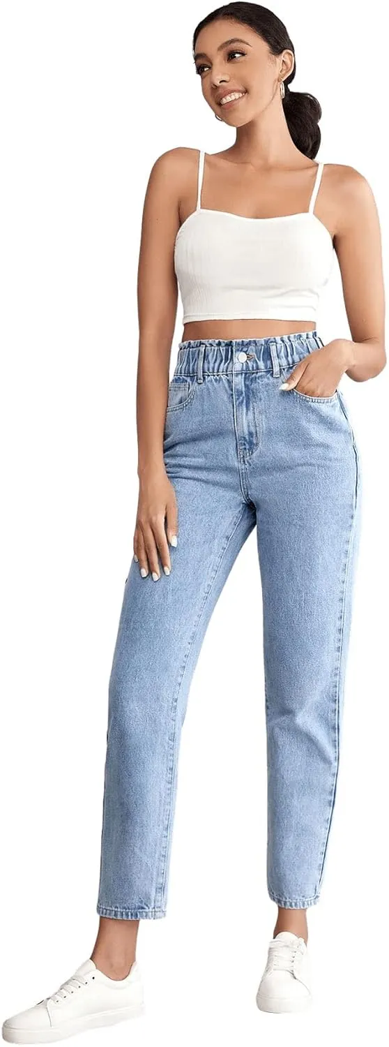 SweatyRocks Women's Casual High Elastic Waist Tapered Mom Jeans Cropped Denim Pants