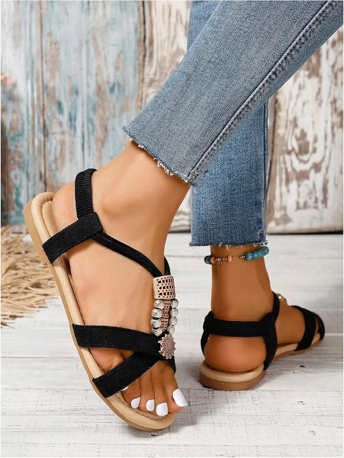 SweatyRocks Women's Criss Cross Beaded Flat Sandals Open Toe Ankle Strap Casual Slingback Sandals