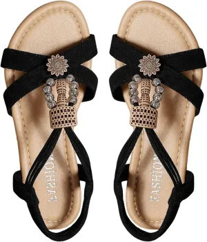 SweatyRocks Women's Criss Cross Beaded Flat Sandals Open Toe Ankle Strap Casual Slingback Sandals