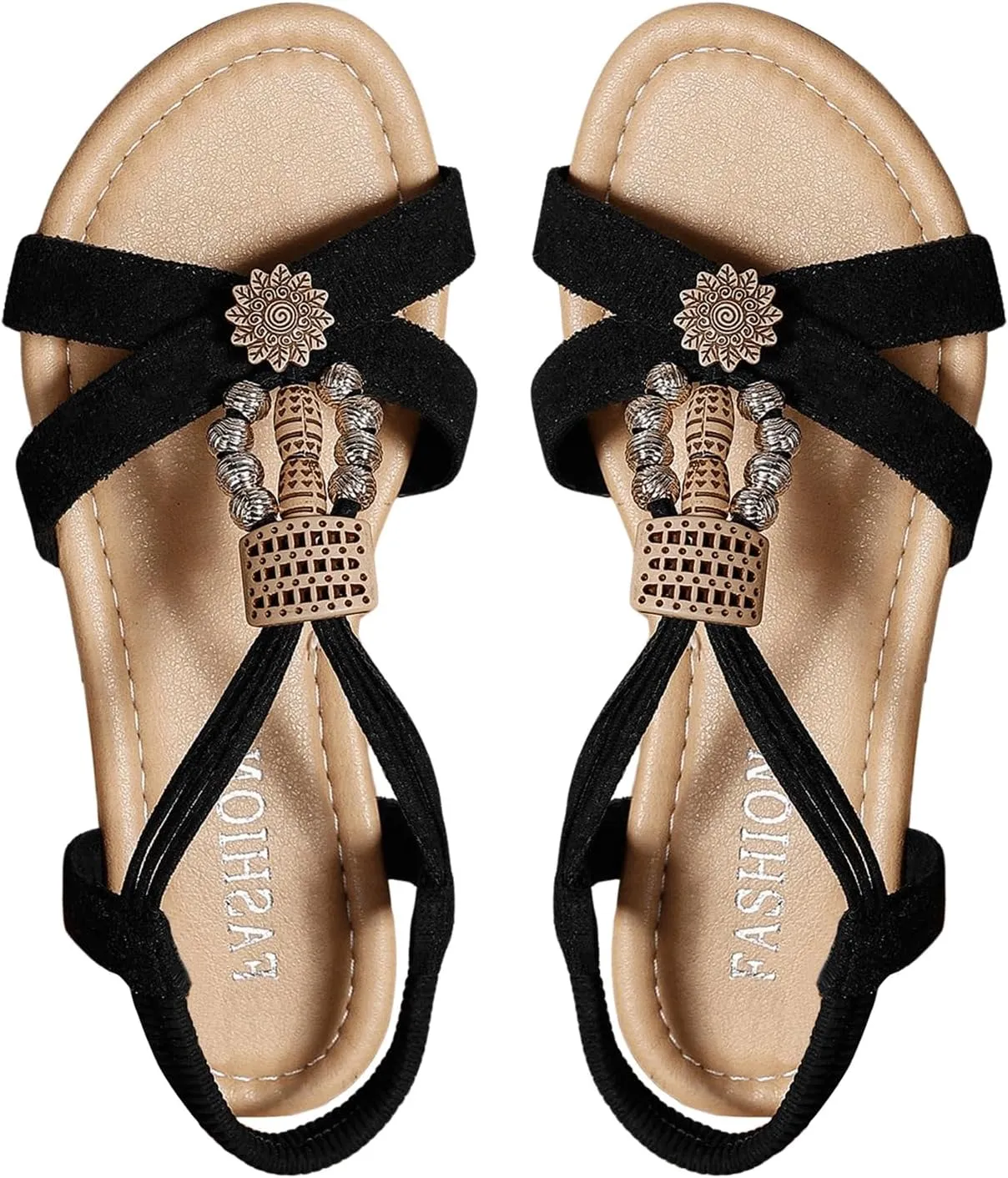 SweatyRocks Women's Criss Cross Beaded Flat Sandals Open Toe Ankle Strap Casual Slingback Sandals