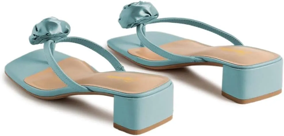 Tang'scuisins Women Flower Split Square Toe Flip Flops Slip on Low Block Chunky Heel Mules Summer Beach Dressy Slide Sandals Size 4-16 US