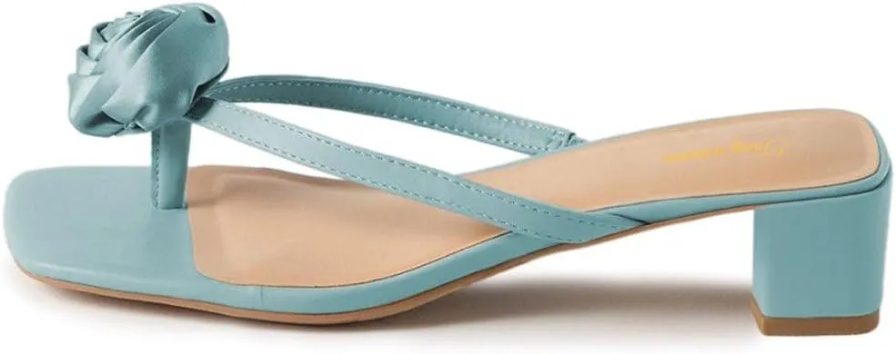 Tang'scuisins Women Flower Split Square Toe Flip Flops Slip on Low Block Chunky Heel Mules Summer Beach Dressy Slide Sandals Size 4-16 US