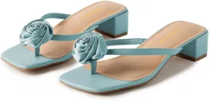Tang'scuisins Women Flower Split Square Toe Flip Flops Slip on Low Block Chunky Heel Mules Summer Beach Dressy Slide Sandals Size 4-16 US