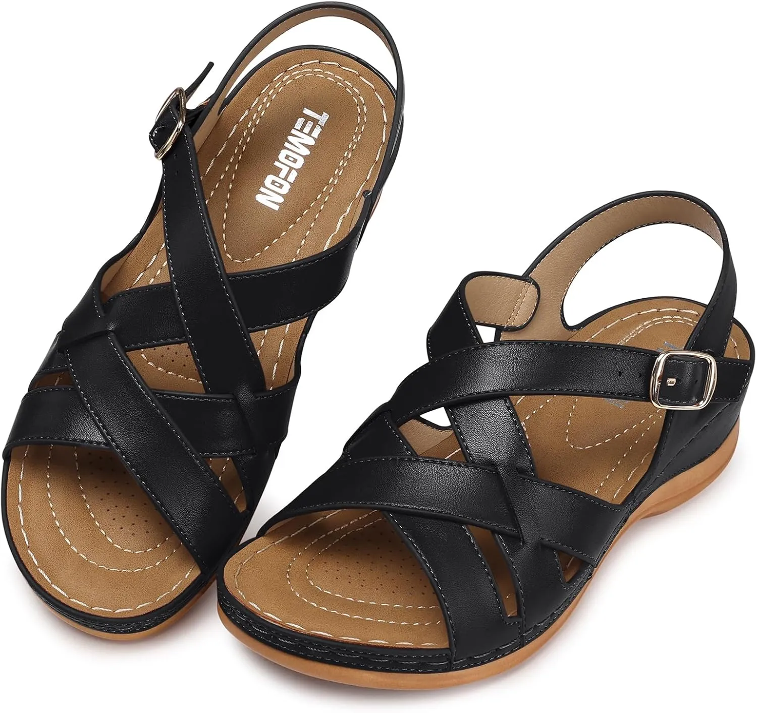 TEMOFON Flat Women Sandals Wide: Black Brown White Leather Summer Sandal - Rubber Sole - Dressy Comfortable Walking Sandal Size 5-11