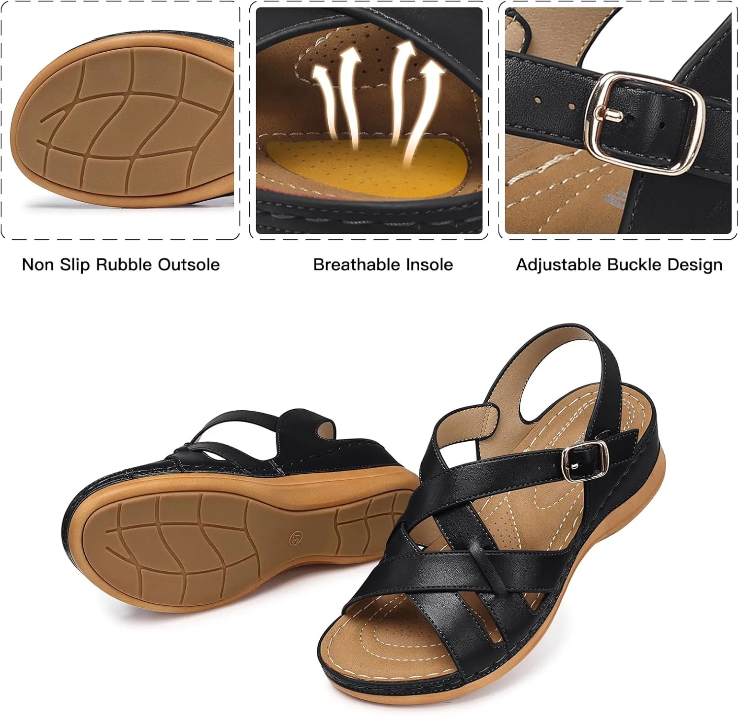 TEMOFON Flat Women Sandals Wide: Black Brown White Leather Summer Sandal - Rubber Sole - Dressy Comfortable Walking Sandal Size 5-11