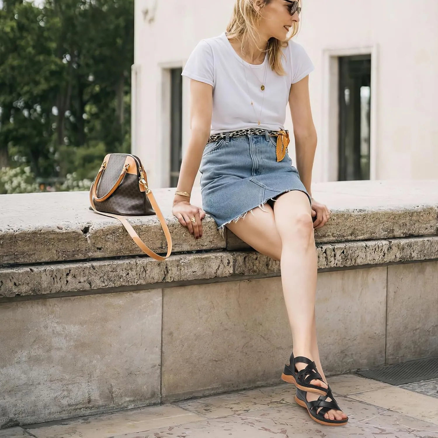 TEMOFON Flat Women Sandals Wide: Black Brown White Leather Summer Sandal - Rubber Sole - Dressy Comfortable Walking Sandal Size 5-11