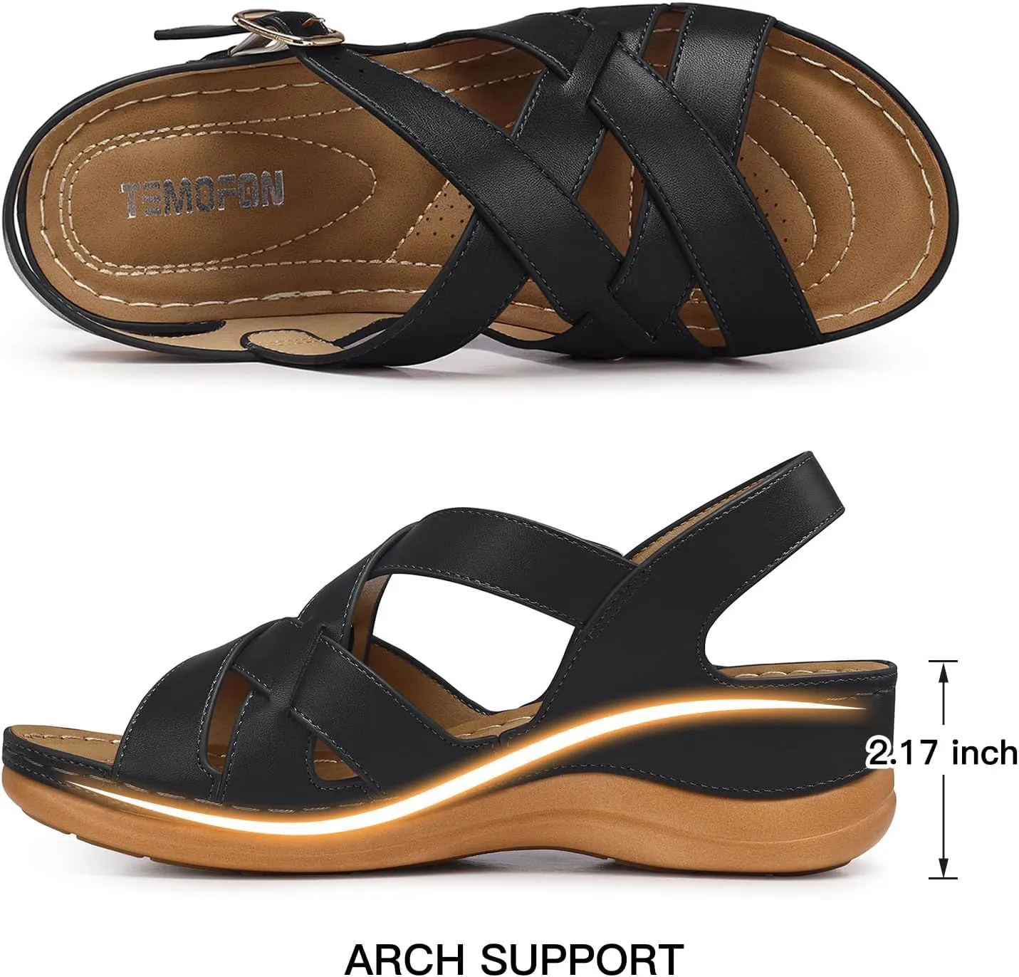 TEMOFON Flat Women Sandals Wide: Black Brown White Leather Summer Sandal - Rubber Sole - Dressy Comfortable Walking Sandal Size 5-11
