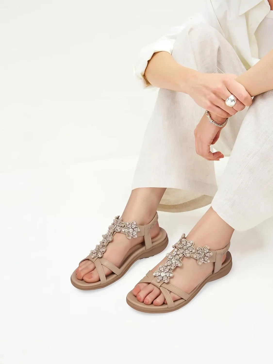 TEMOFON Flats Sandals for Women Dressy: Summer Elastic Ankle Strap Flat Sandals - Comfortable Beach Women