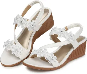 TEMOFON Wedge Sandals for Women Dressy: Summer Open Toe Elastic Ankle Strap - Comfortable Bohemian Low Wedge Sandals