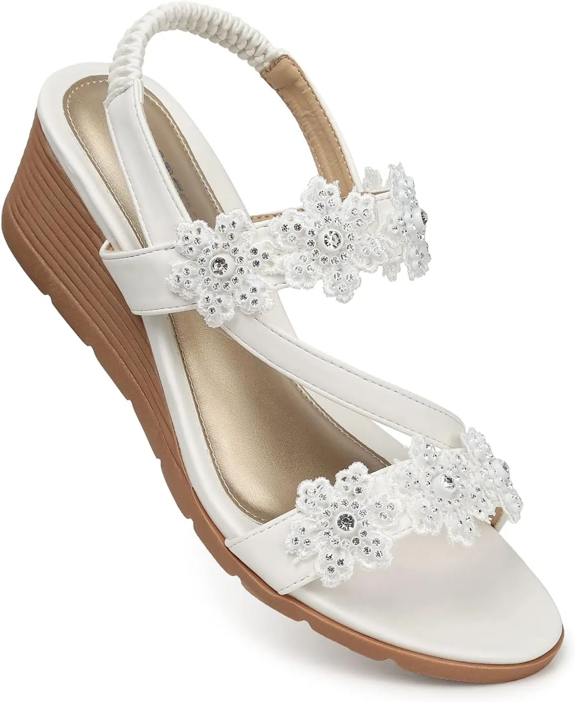 TEMOFON Wedge Sandals for Women Dressy: Summer Open Toe Elastic Ankle Strap - Comfortable Bohemian Low Wedge Sandals