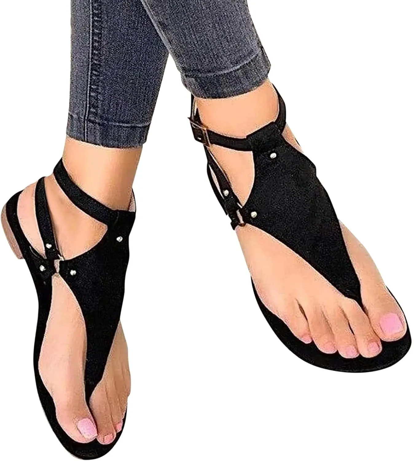 Thong Sandals for Women Summer Boho Beach Sandal Dressy Open Toe Sandals Buckle Ankle Strap Retro Non Slip Flip-Flops Comfortable Casual Walking Shoes